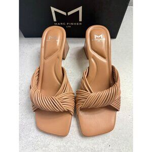 Marc Fisher Nude Chunky Heel Mule Sandals Womens Size 6.5‎ Leather Square Toe